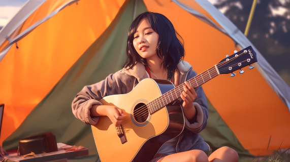 女孩野外弹吉他露营帐篷摄影图