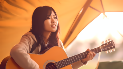 帐篷前的亚洲女孩吉他弹奏摄影图片