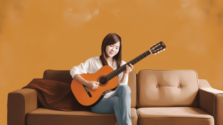 亚洲女孩弹吉他棕色沙发摄影图