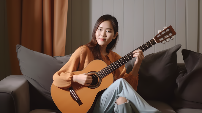 亚洲女孩在棕色沙发上弹吉他摄影图