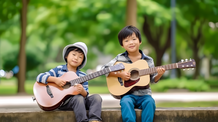儿童弹吉他户外摄影图版权图片下载