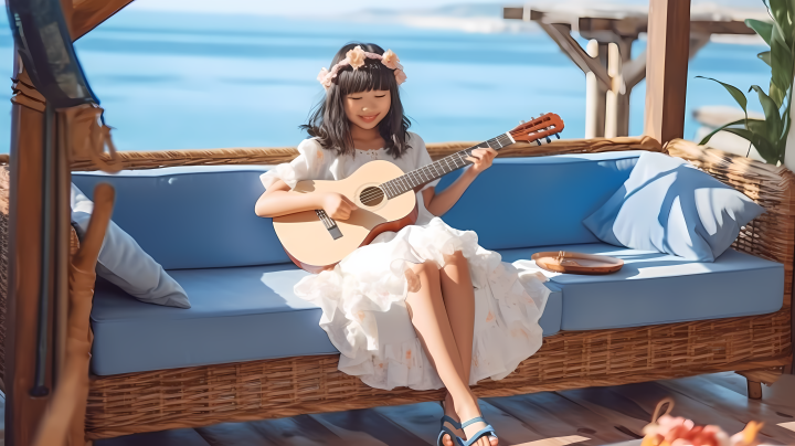 夏日海滩上的可爱小女孩弹奏吉他版权图片下载
