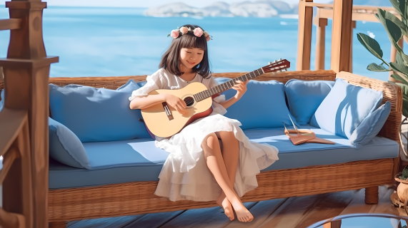 海滩少女弹奏吉他摄影图