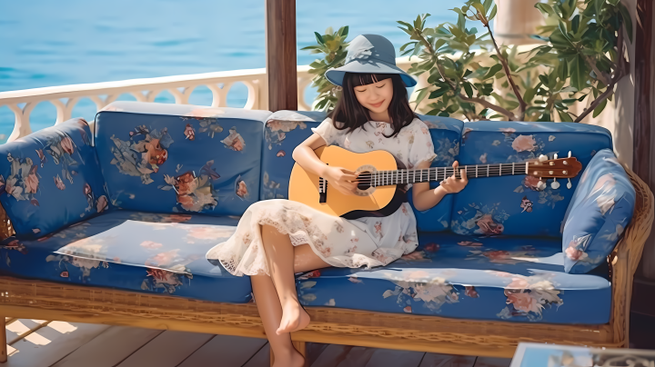 夏日海滨吉他少女摄影图版权图片下载