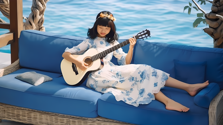 夏日沙滩上的小亚裔女孩弹吉他摄影图版权图片下载