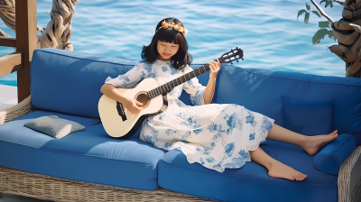 夏日沙滩上的小亚裔女孩弹吉他摄影图