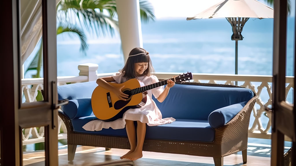 小女孩吉他演奏摄影图