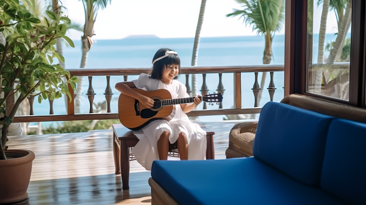 夏日海滩少女钢琴演奏摄影图版权图片下载