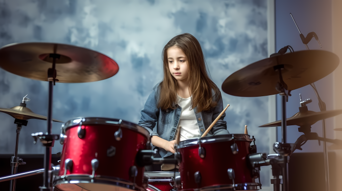 校园帅帅的长发女生鼓手高清图