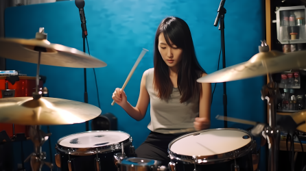 中国朋克女子在蓝鼓套上演奏摄影图