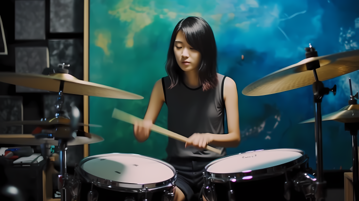 青春激扬的中国朋克女鼓手表演摄影图版权图片下载