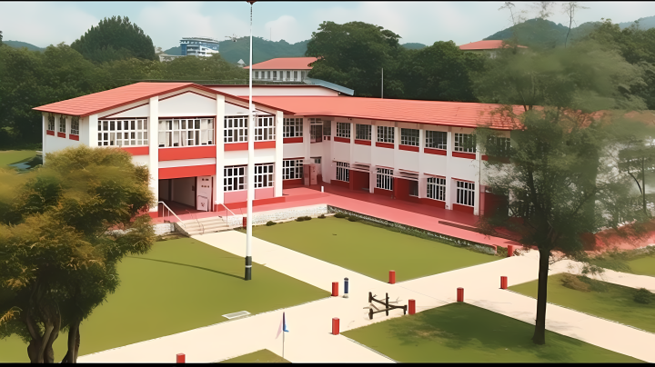 学校教学楼与草坪景观摄影版权图片下载