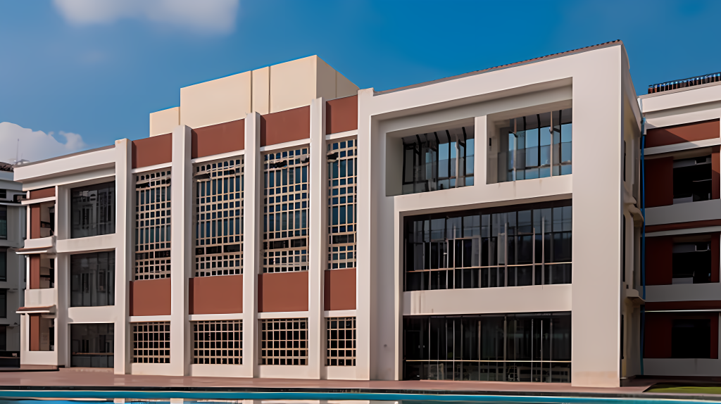 教学楼建筑外观的蓝天白云摄影图