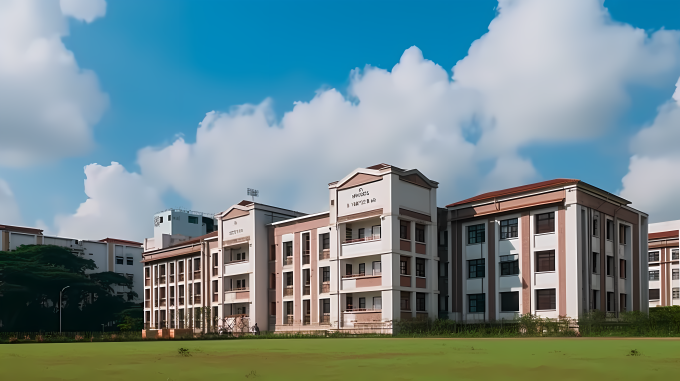 城市蓝天白云下的校园景观拍摄图