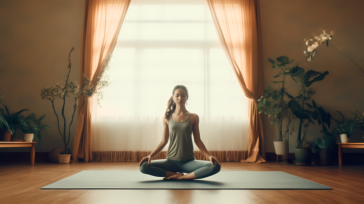 瑜伽女子冥想放松房间练习摄影图版权图片下载