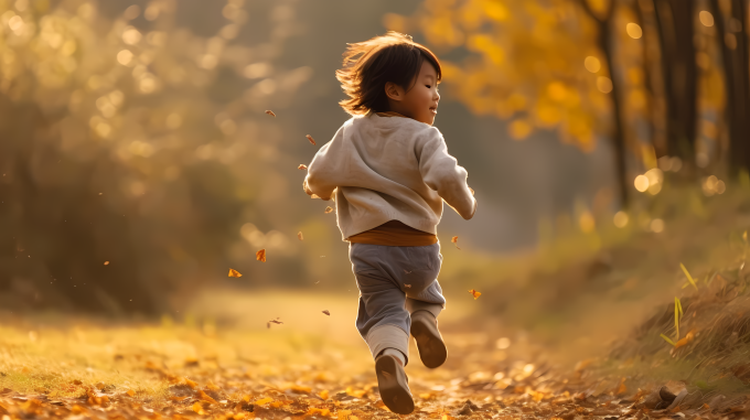 儿童森林中奔跑摄影图