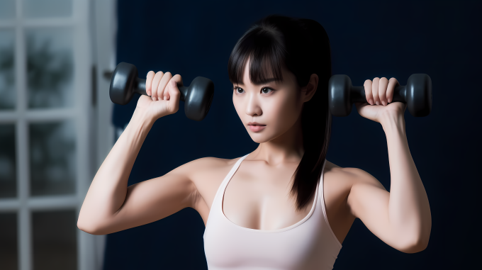 女子手持哑铃锻炼摄影图片