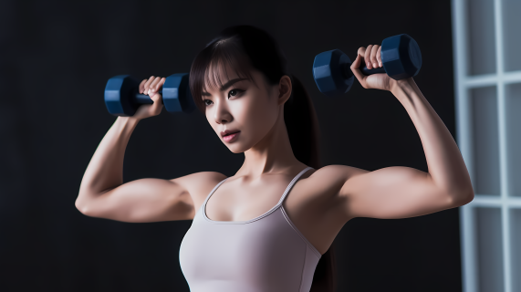 亚洲女性举哑铃锻炼摄影图片