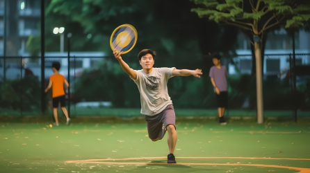 亚洲男子在操场上玩飞盘摄影图片