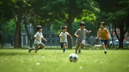 儿童草坪快乐足球比赛摄影图