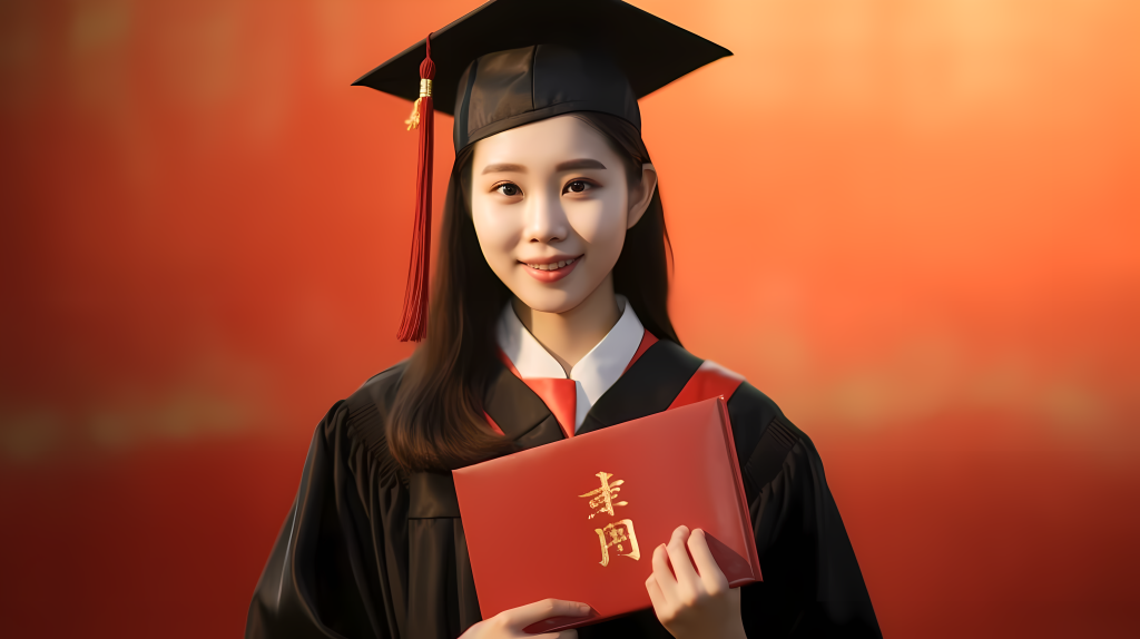 女子毕业证书和学士帽摄影图片