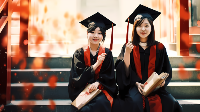 头戴博士帽的女孩合影高清图