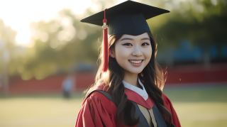 女子毕业照在体育场前摄影图片