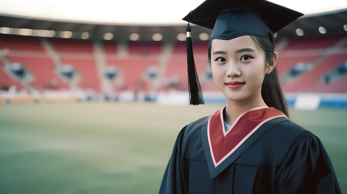 毕业典礼前的年轻女子纪念摄影图