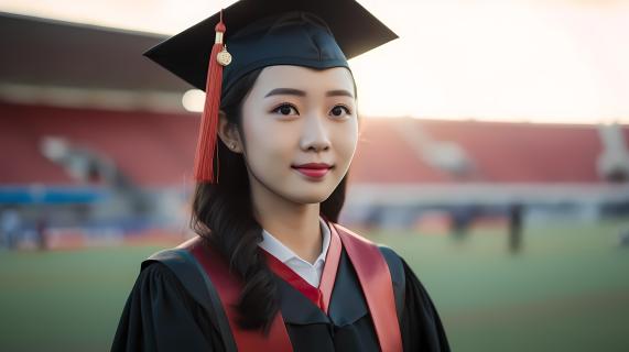 女生毕业照在体育场拍摄的日系风格摄影图片