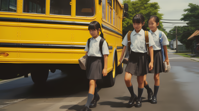 校车穿行三位少女上学摄影图片