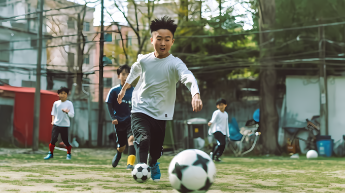 男子足球运动员在操场上踢球摄影图