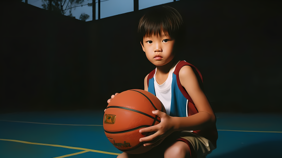 手拿篮球的小男孩摄影图片