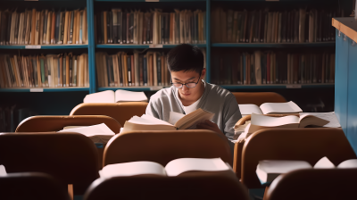 戴眼镜的高中生一个人在图书室学习高清图