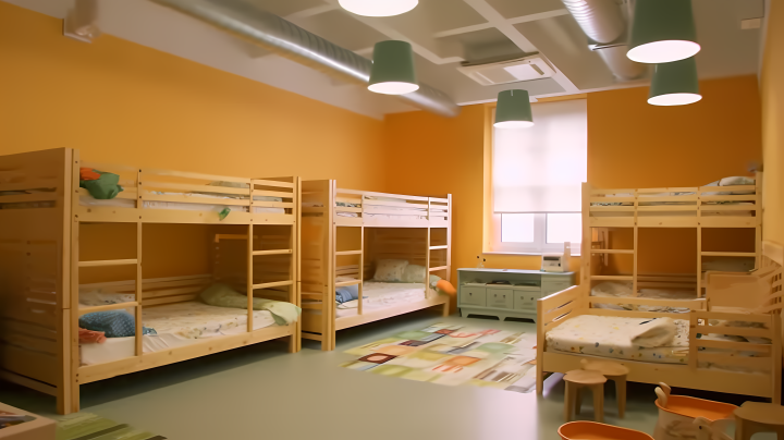 黄色系的幼儿寝室设计拍摄图版权图片下载