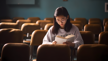 优秀的女大学生自己在教室学习摄影图