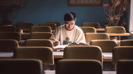 独自一人在读书室学习的男生高清图