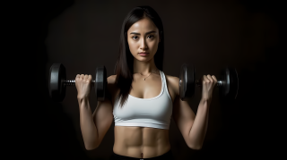 女性举哑铃锻炼肌肉摄影图片