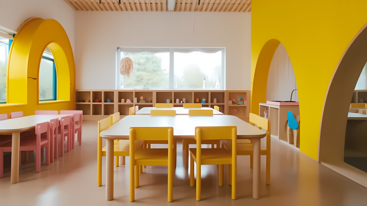 多彩儿童餐厅桌椅摄影图版权图片下载