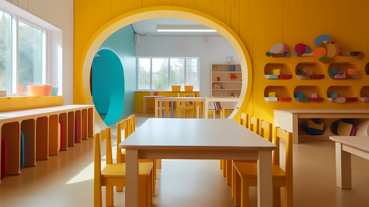 色彩斑斓儿童餐厅桌椅摄影图版权图片下载