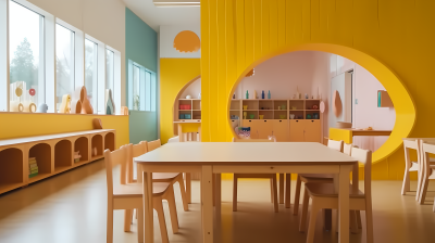 彩色温馨儿童餐厅桌椅摄影图
