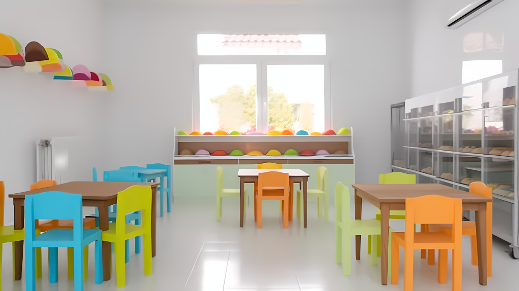 缤纷儿童餐厅桌椅摄影图版权图片下载