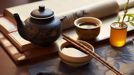 再现书与茶的传统工艺摄影图