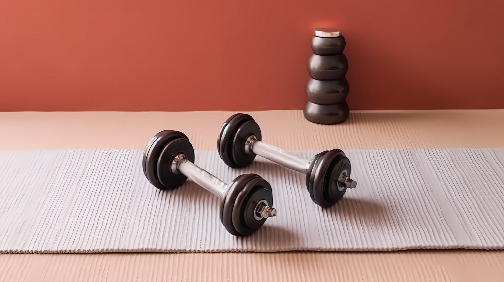 家用健身设备瑜伽垫和哑铃摄影版权图片下载