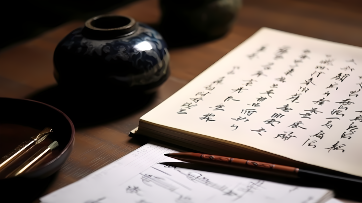 毛笔和钢笔在桌子上的中国书法摄影图版权图片下载