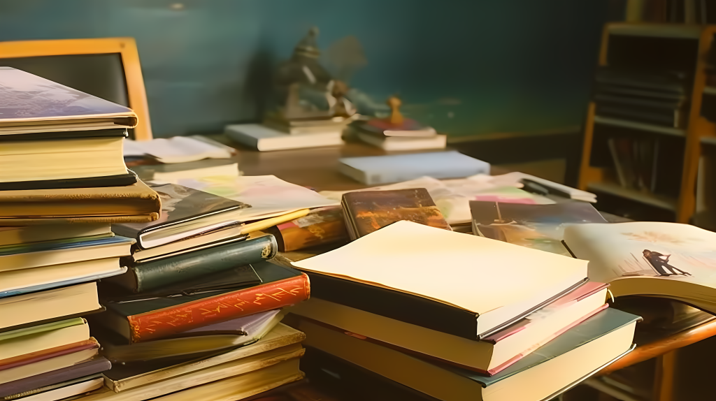 教室学生课桌放满阅读书籍摄影图