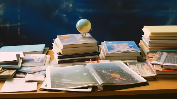 教室桌上的书和照片摄影图