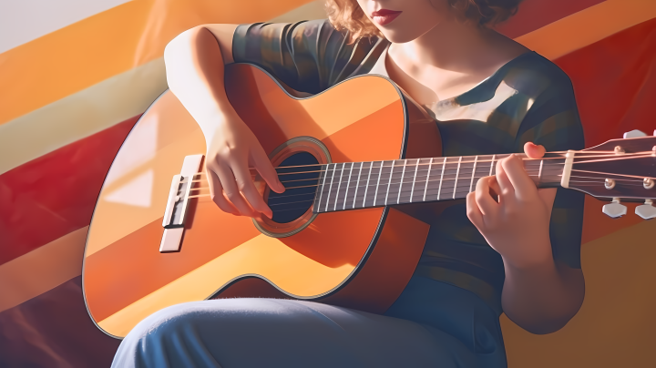 喜欢音乐的弹吉他女孩图版权图片下载