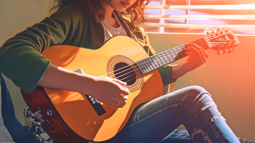 可爱女孩阳光下弹吉他图