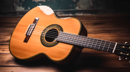 木桌上的深橙色古典吉他摄影图