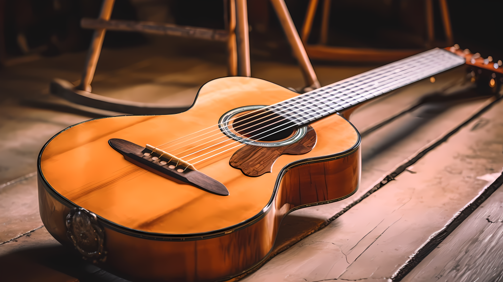 地核风格木质桌上的古典吉他摄影图版权图片下载